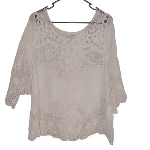 Democracy Sheer Lace Cotton Ivory Top with short bell sleeves EUC Size L